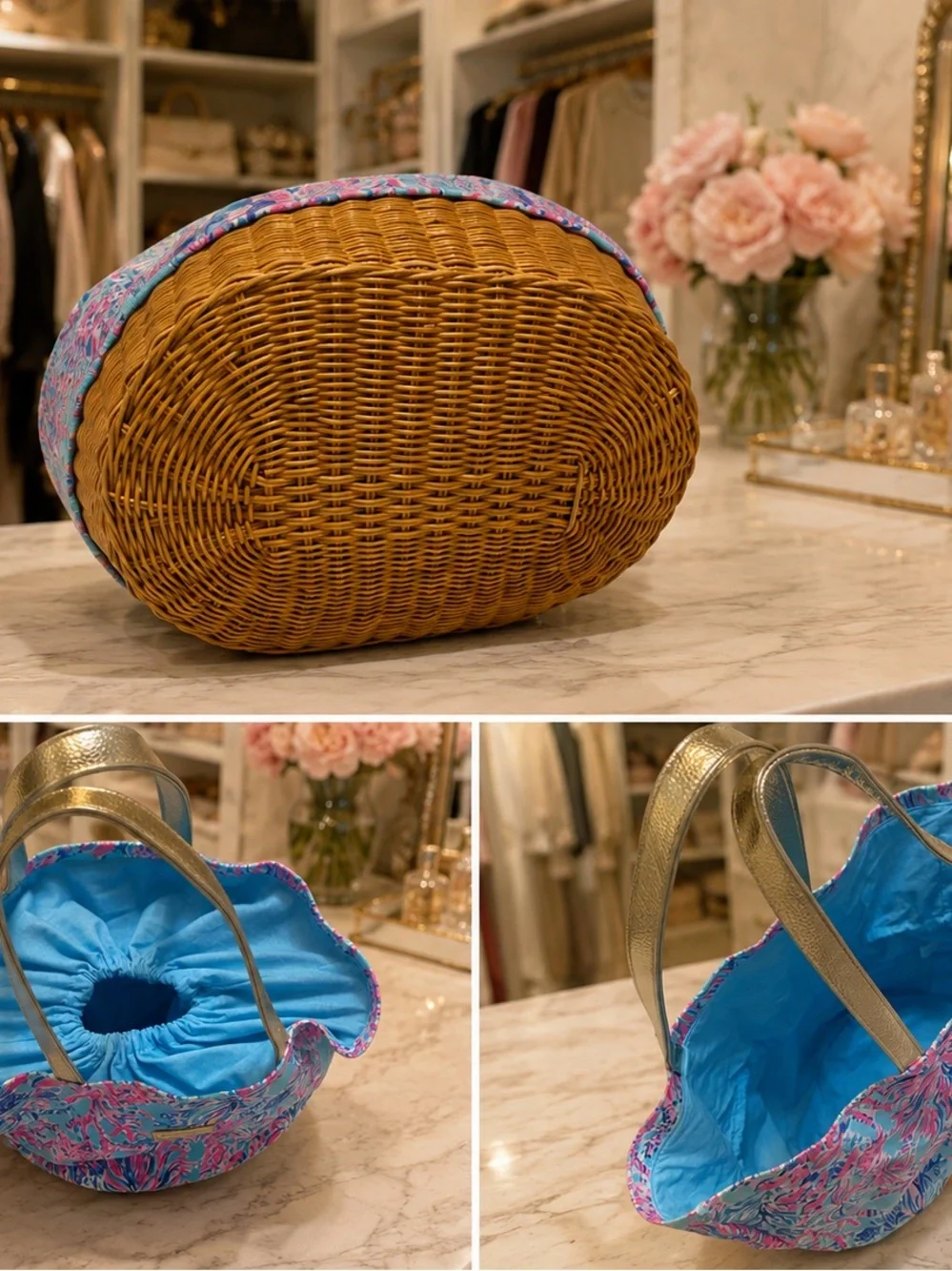 RARE BNWOT Lilly Pulitzer Blue-Pink Coral-Print Tote w Gold Handles& Wicker Tote